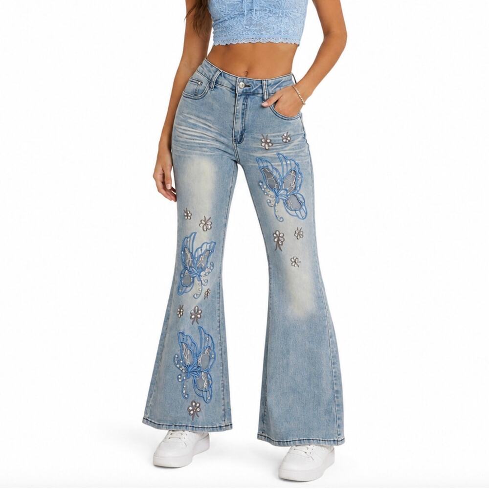 Romwe Y2K Low Rise Butterfly Rhinestone Flared Jeans Light Wash Small 26"